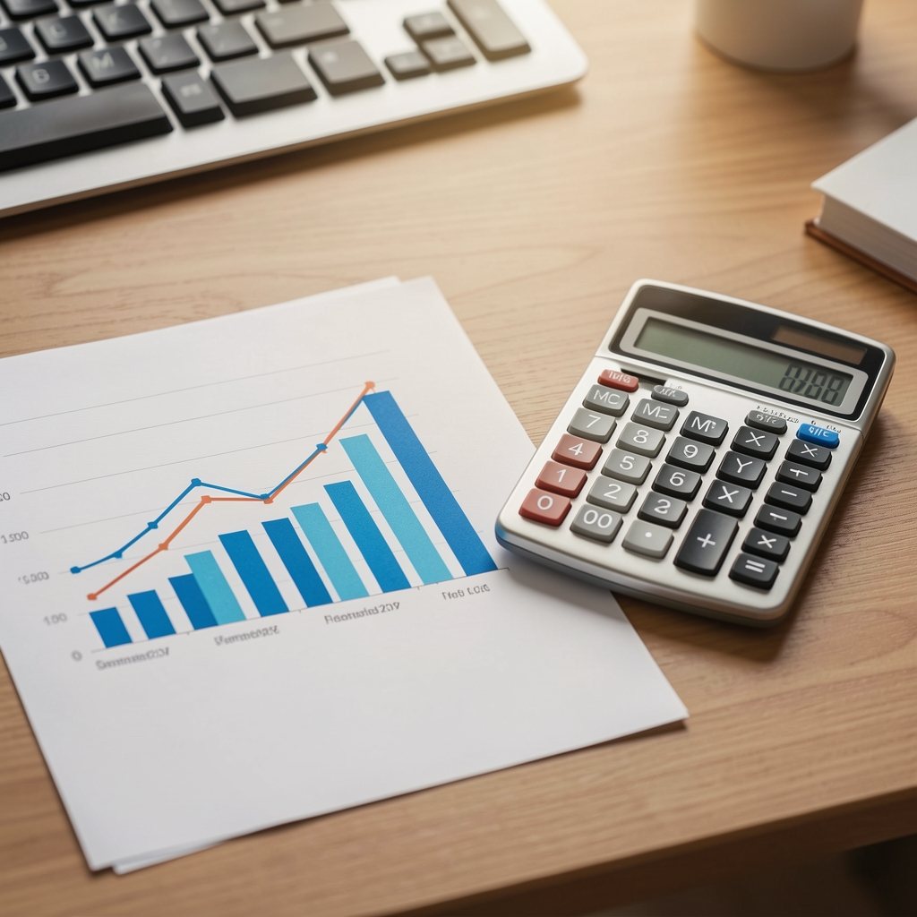 Gráficos de barras y líneas sobre rentabilidad financiera impresos junto a una calculadora sobre un escritorio