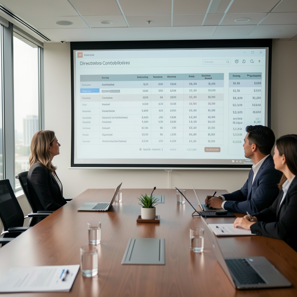 Directorio corporativo en sala de reuniones revisando estados contables consolidados proyectados en una pantalla