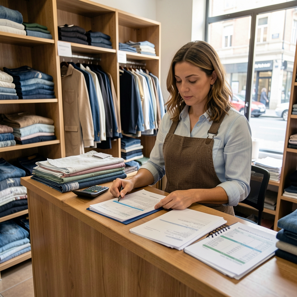 Propietaria de una pyme textil revisando facturas y planillas de gastos sobre el mostrador de su local