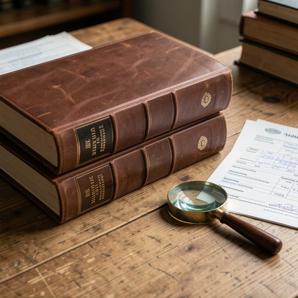 Libros contables encuadernados en cuero apilados junto a comprobantes y una lupa sobre un escritorio de madera