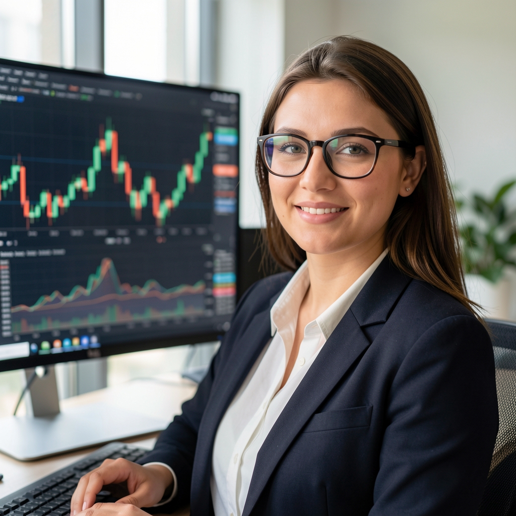 Retrato profesional de una mujer joven con anteojos, analista de riesgos financieros frente a una pantalla con gráficos