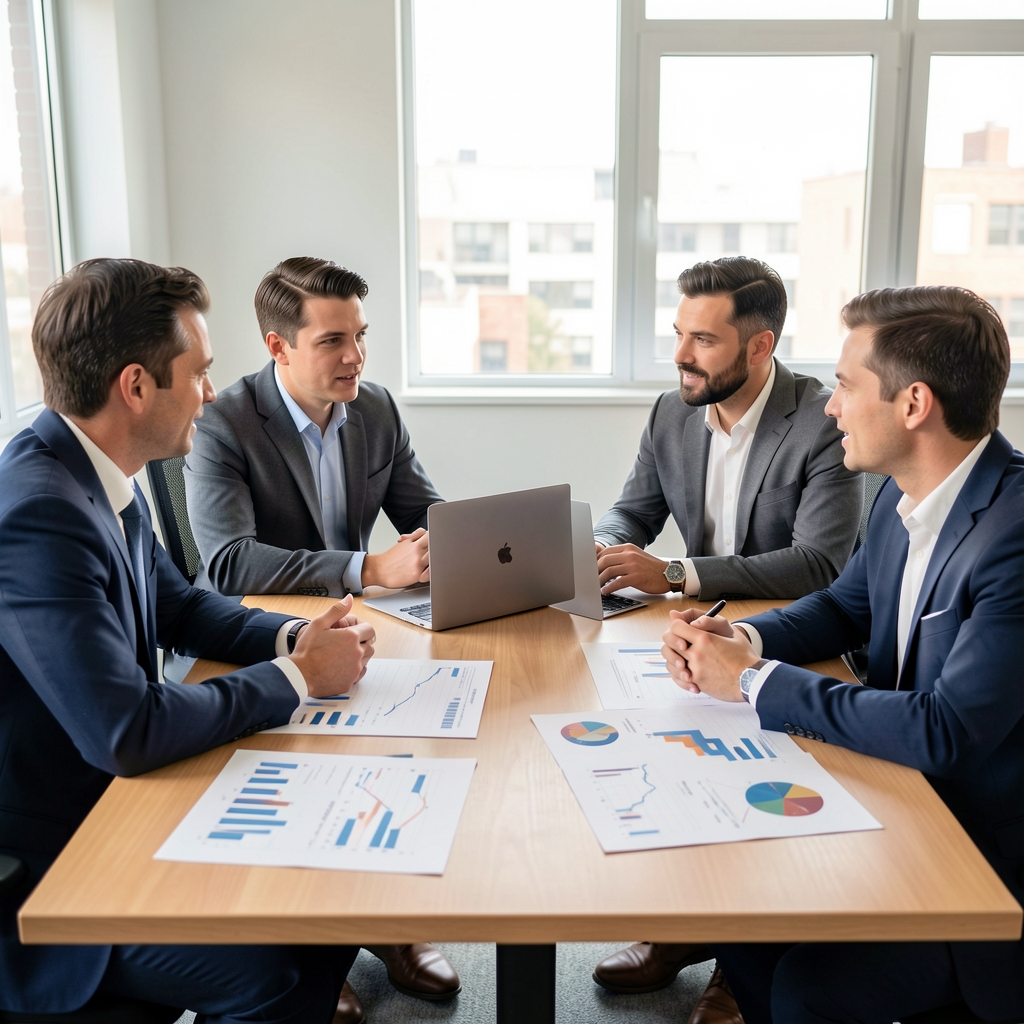 Equipo de cuatro profesionales debatiendo alrededor de una mesa con gráficos financieros impresos y una laptop