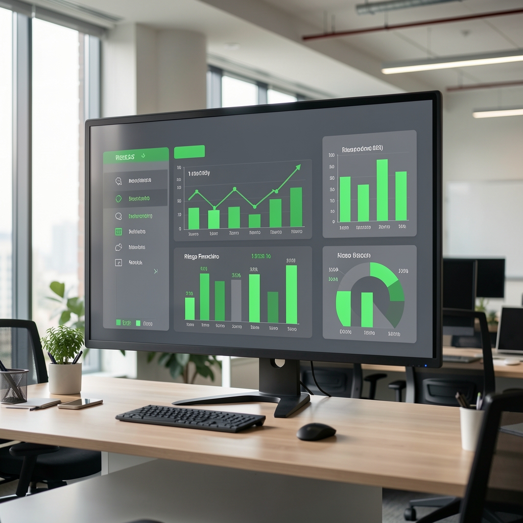 Tablero de control con indicadores de riesgo financiero en tonos verdes y grises proyectado en una pantalla de oficina