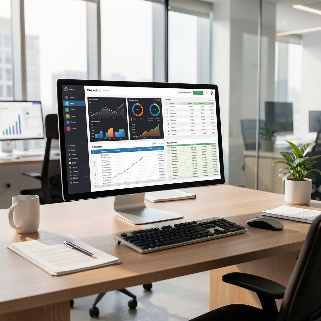 Panel de control con gráficos de indicadores financieros y hojas de cálculo contables sobre un escritorio de oficina moderno
