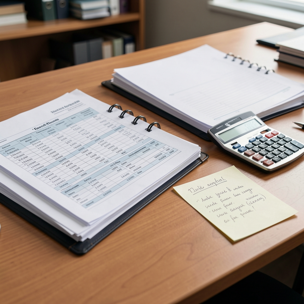 Escritorio con carpetas de balances contables, calculadora y notas manuscritas sobre indicadores financieros