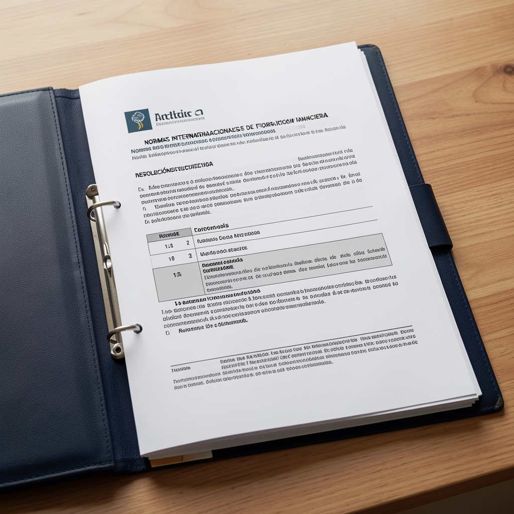 Carpeta con documentos normativos impresos sobre normas internacionales de información financiera y resoluciones técnicas