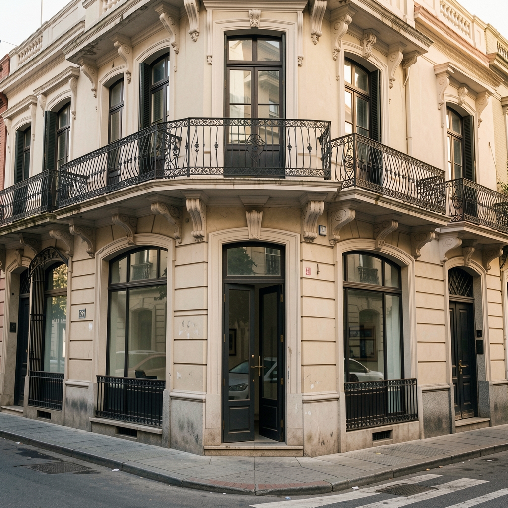 Fachada de oficina de estilo porteño clásico en el barrio de San Telmo, Buenos Aires, con balcones de hierro forjado